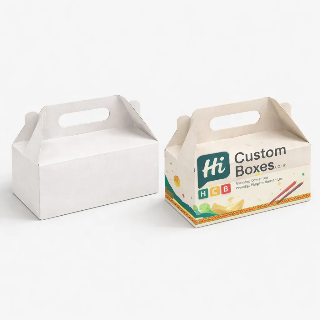 Two white gable boxes with built-in handles, one plain and one featuring custom taco branding. class=